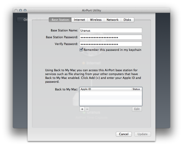 AirPort Utility Time Capsule Back to My Mac setting