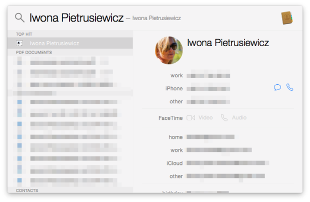 OS X Yosemite Call Message 06 Spotlight Contact Card