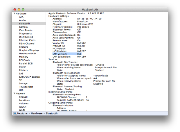 System Information Bluetooth version check